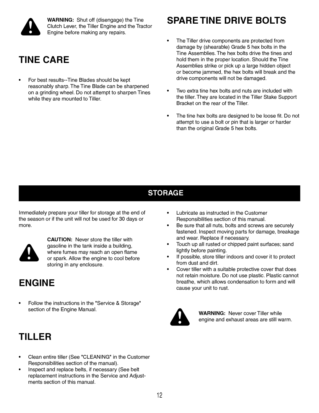 Craftsman 486.252444 owner manual Tine Care, Spare Tine Drive Bolts, Engine, Tiller, Storage 