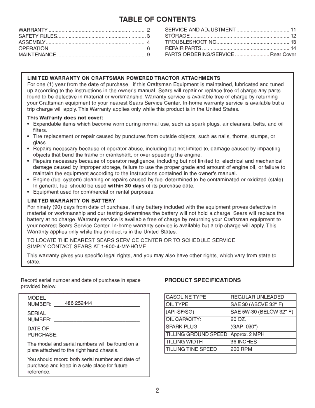 Craftsman 486.252444 owner manual Table of Contents 