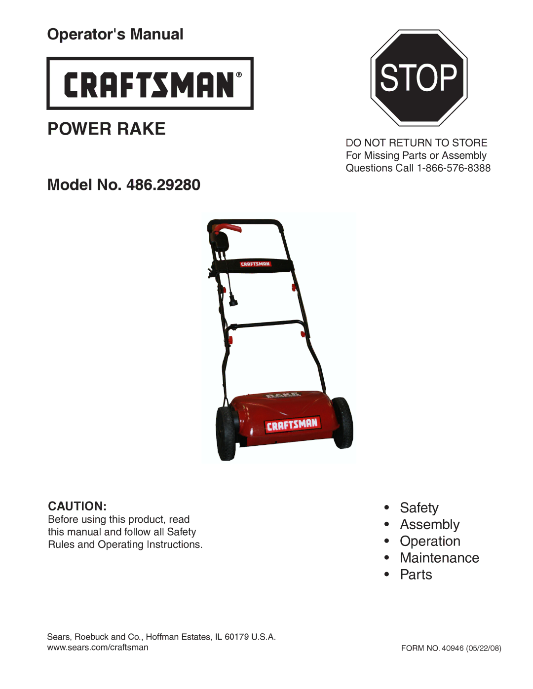 Craftsman 486.2928 manual Stop 