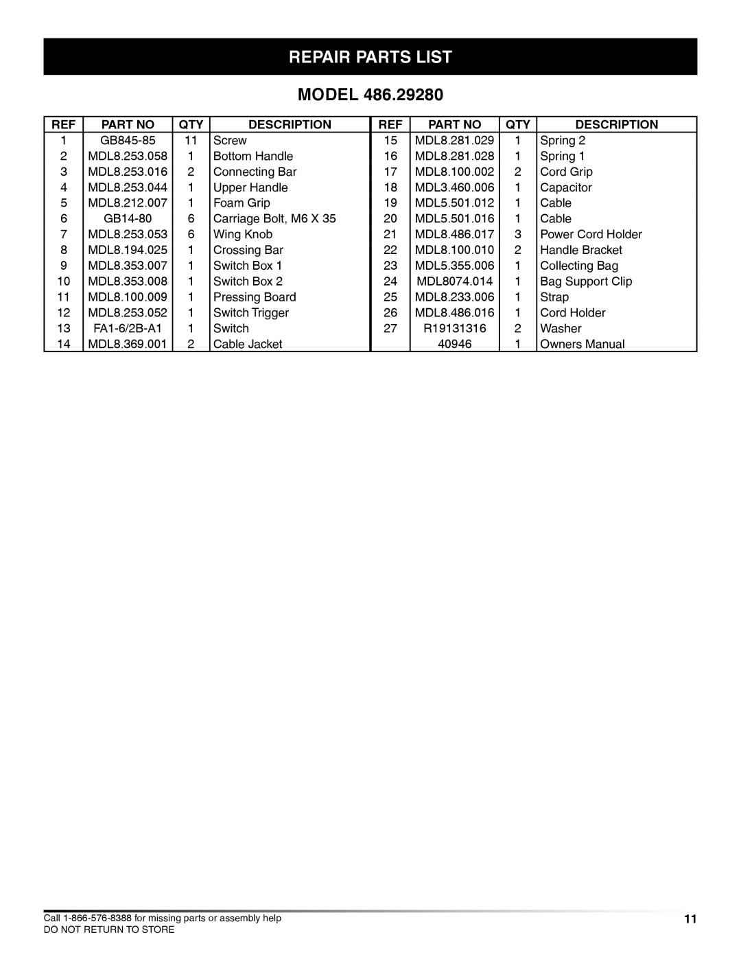 Craftsman 486.2928 manual Repair parts list 