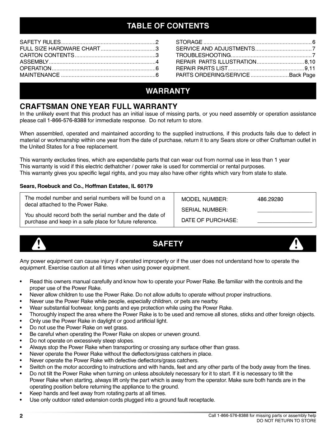 Craftsman 486.2928 manual Table of Contents, Warranty 