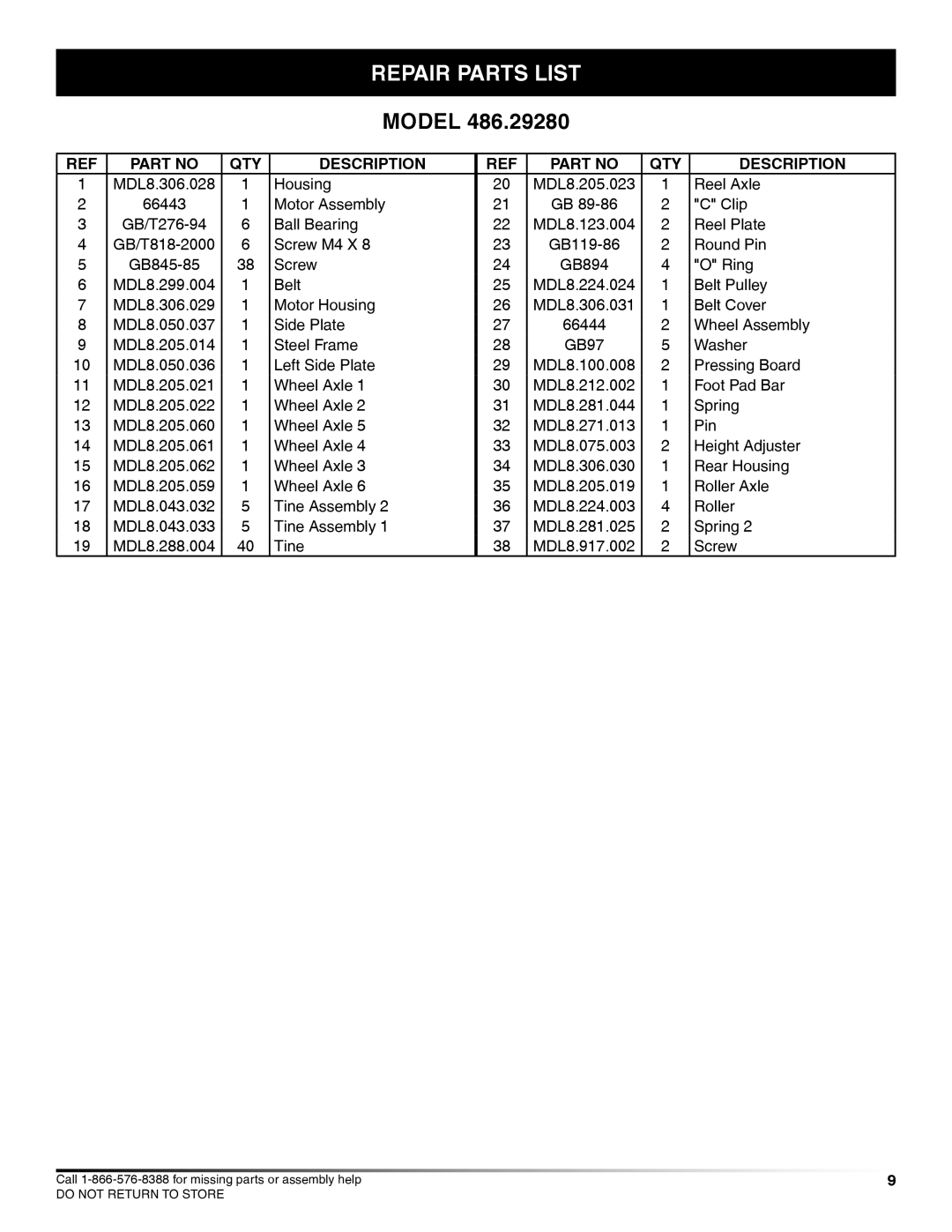 Craftsman 486.2928 manual Repair parts list 