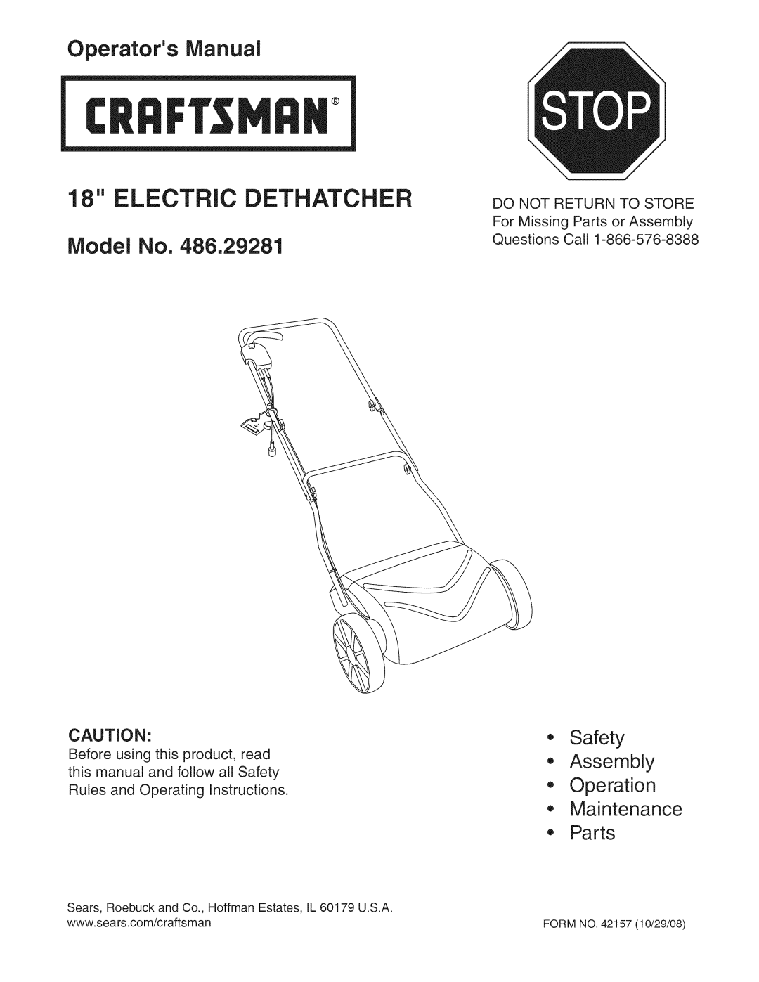 Craftsman 486.29281 manual Electric Dethatcher 