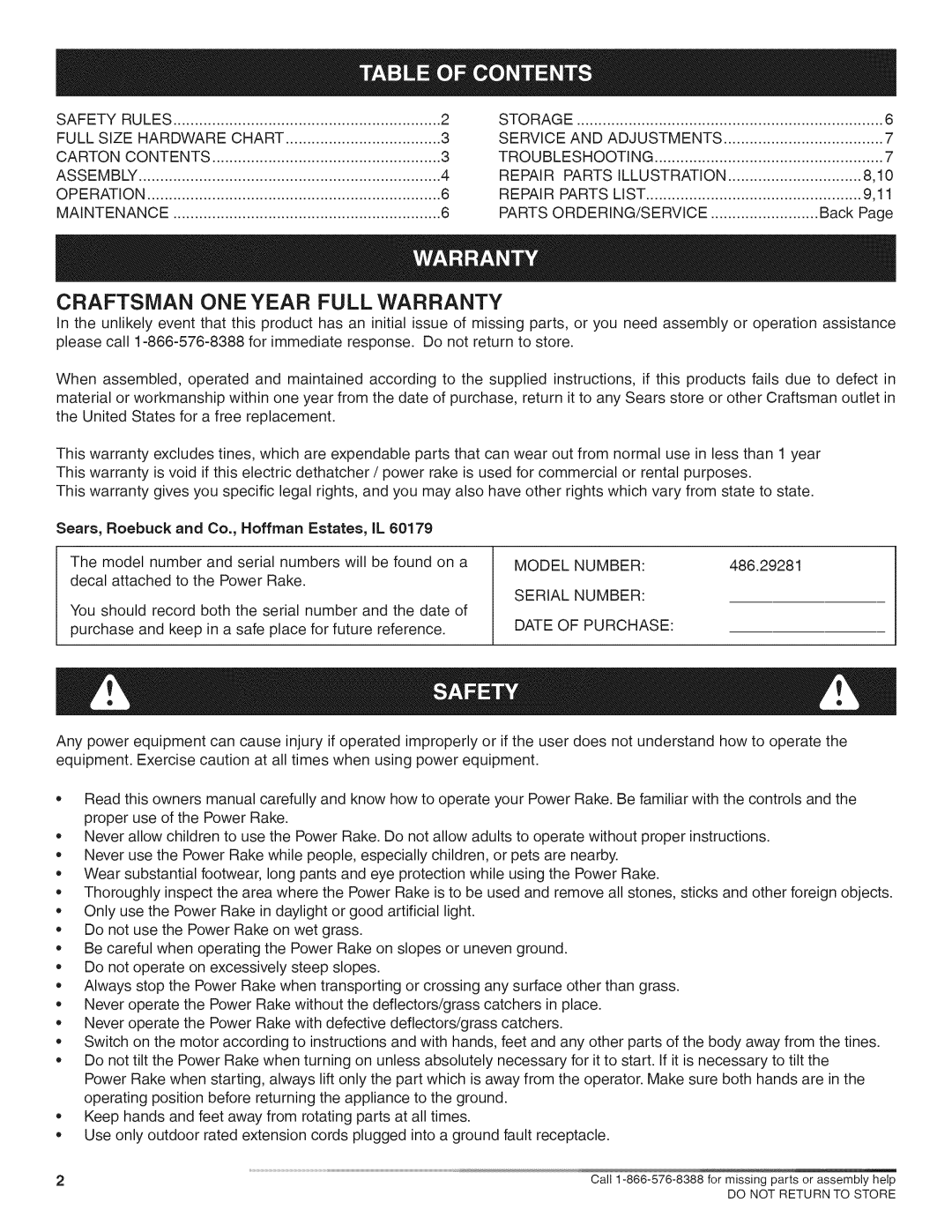 Craftsman 486.29281 manual Model Number, Serial Number Date of Purchase 