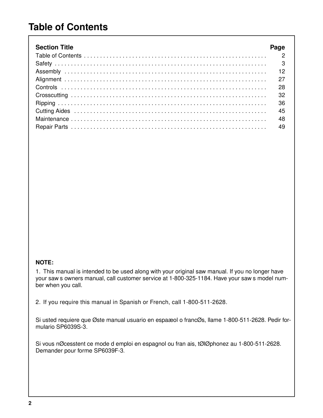 Craftsman 509399, 509398 owner manual Table of Contents 