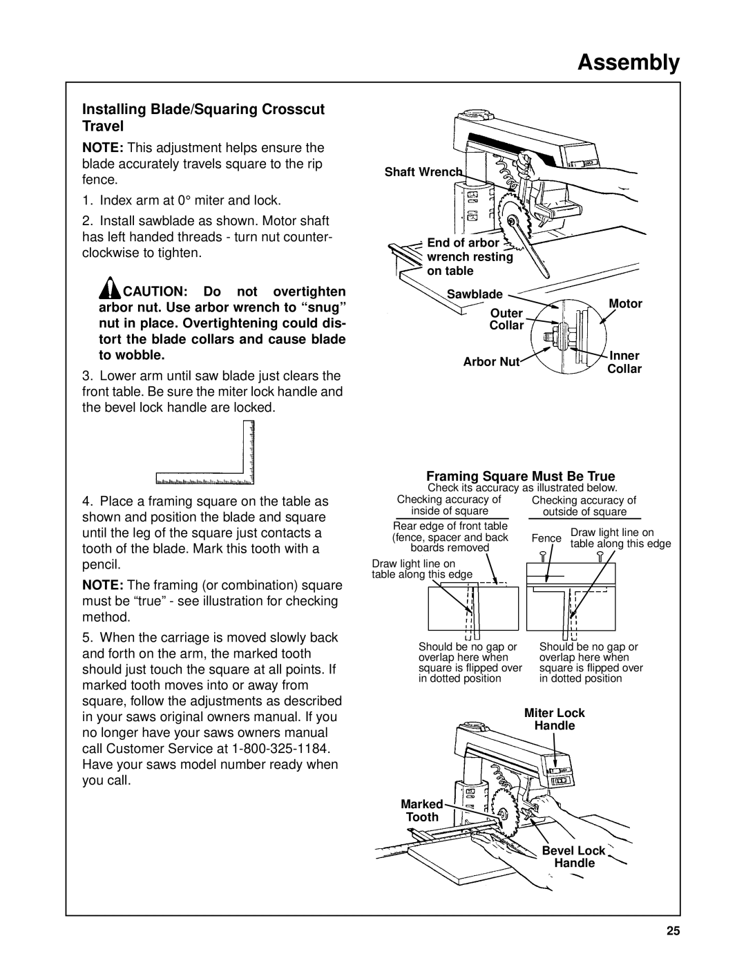 Craftsman 509398, 509399 owner manual Installing Blade/Squaring Crosscut Travel, Framing Square Must Be True 