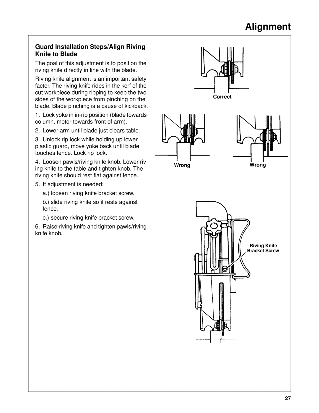 Craftsman 509398, 509399 owner manual Alignment, Guard Installation Steps/Align Riving Knife to Blade 