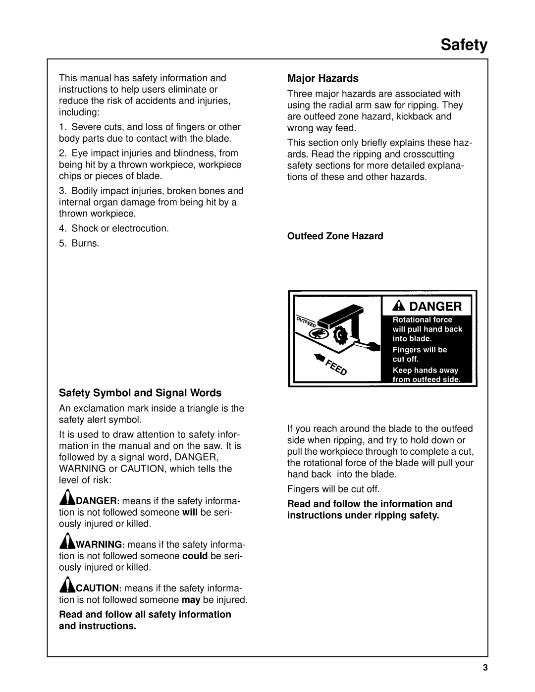 Craftsman 509398, 509399 owner manual Major Hazards, Safety Symbol and Signal Words, Outfeed Zone Hazard 