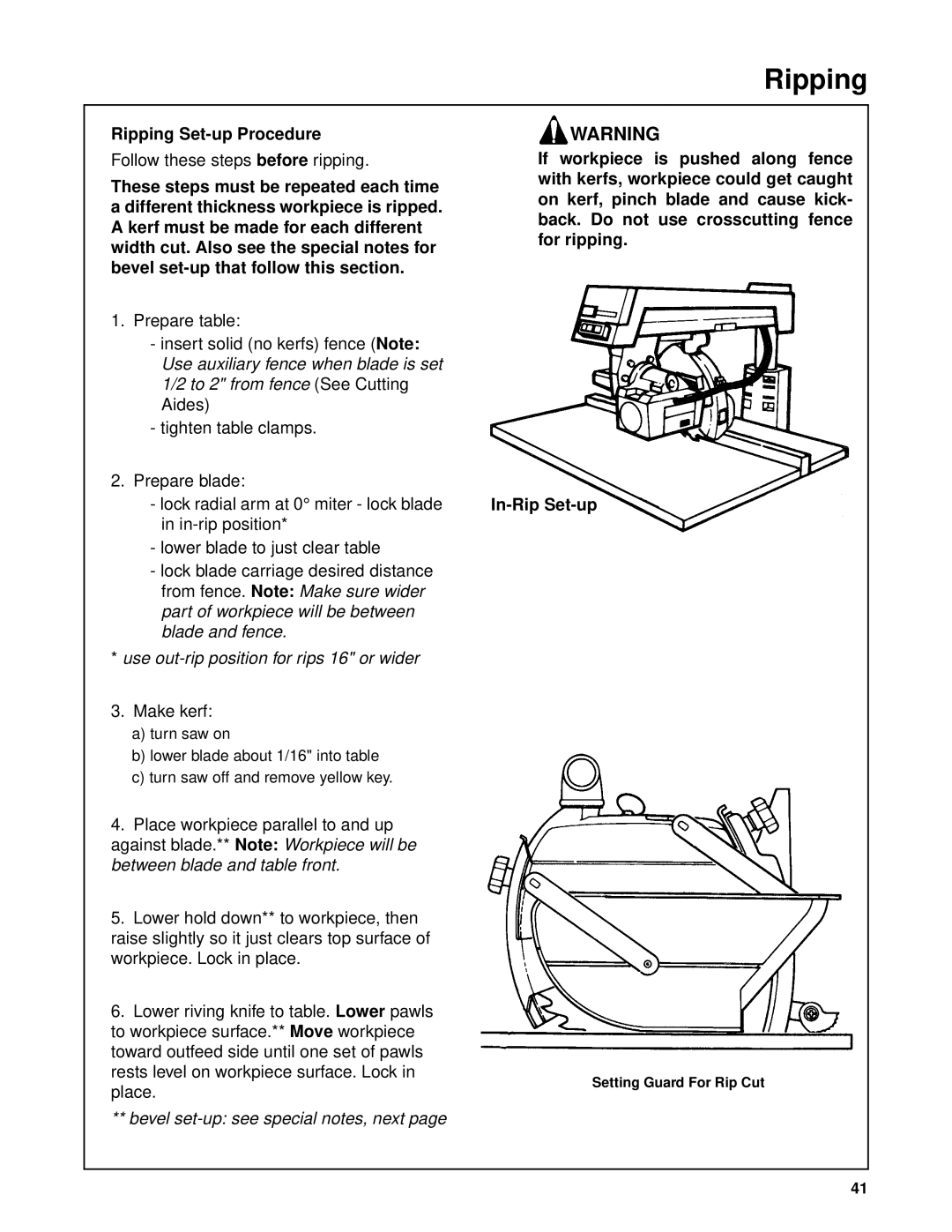 Craftsman 509398, 509399 owner manual Ripping Set-up Procedure, Follow these steps before ripping 