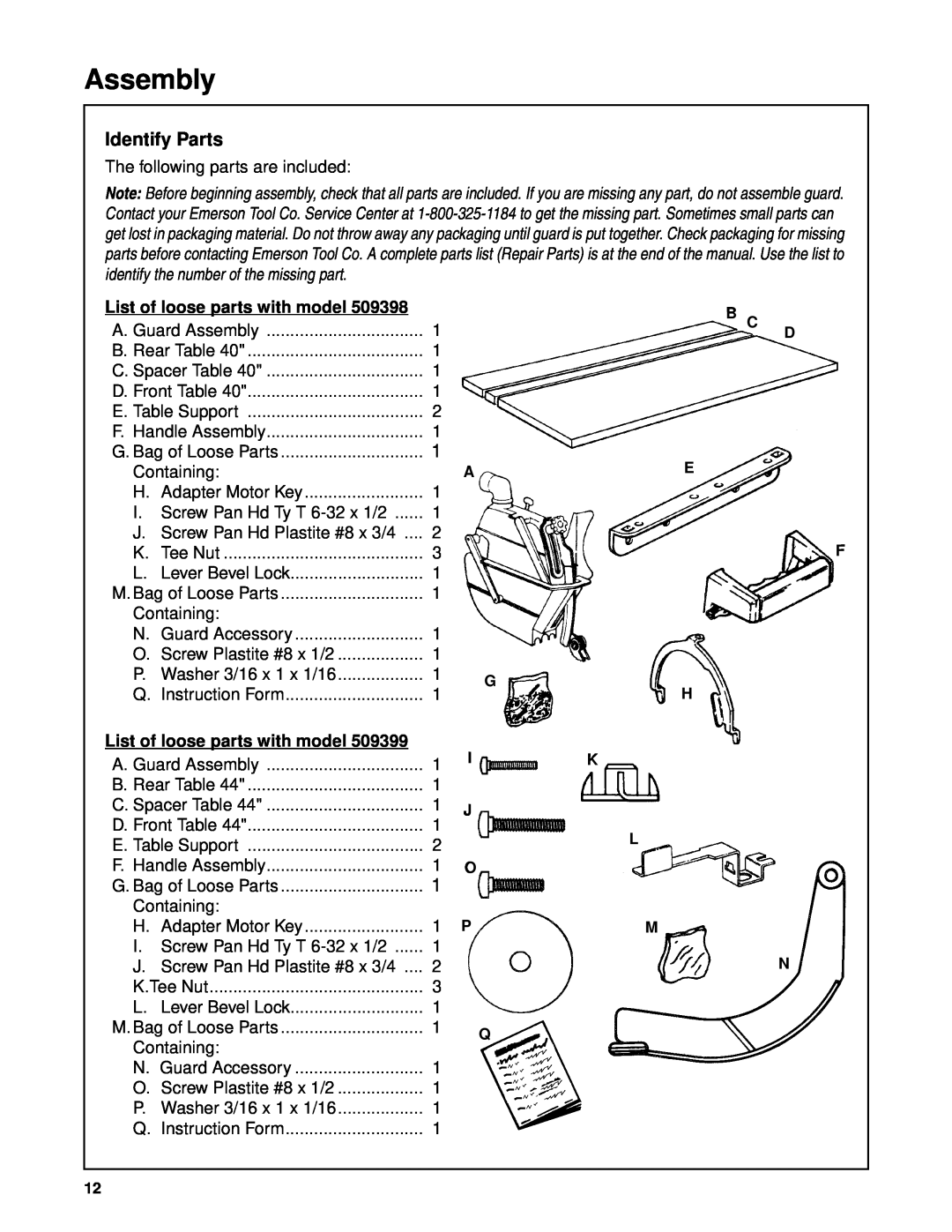 Craftsman 509399, 509398 owner manual Assembly, Identify Parts, List of loose parts with model 