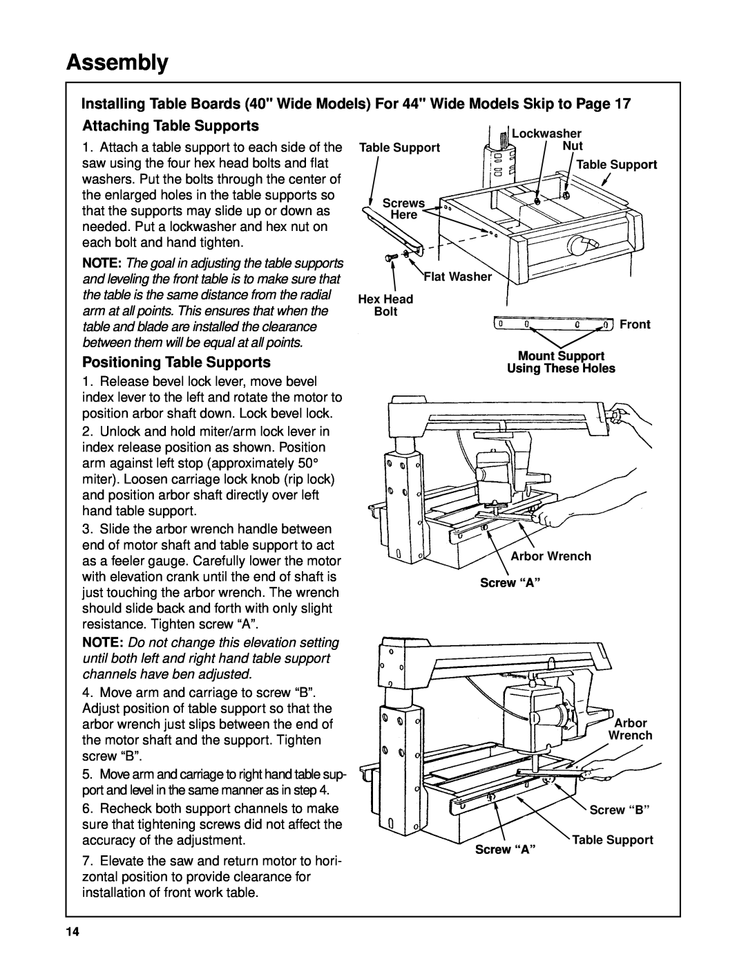 Craftsman 509399, 509398 owner manual Attaching Table Supports, Positioning Table Supports, Assembly 