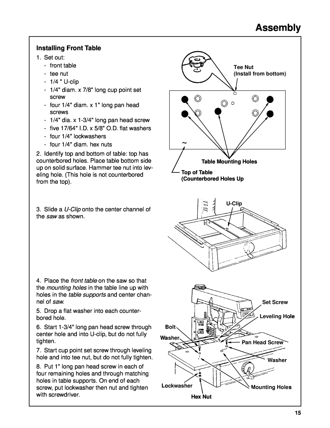 Craftsman 509398, 509399 owner manual Installing Front Table, Assembly 