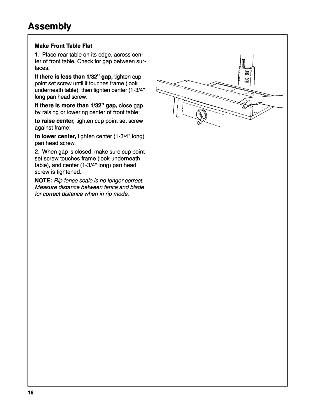 Craftsman 509399, 509398 owner manual Assembly, Make Front Table Flat 