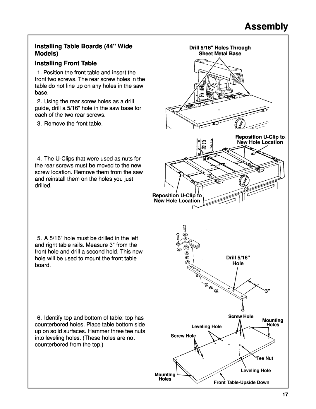 Craftsman 509398, 509399 owner manual Installing Table Boards 44 Wide Models Installing Front Table, Assembly 