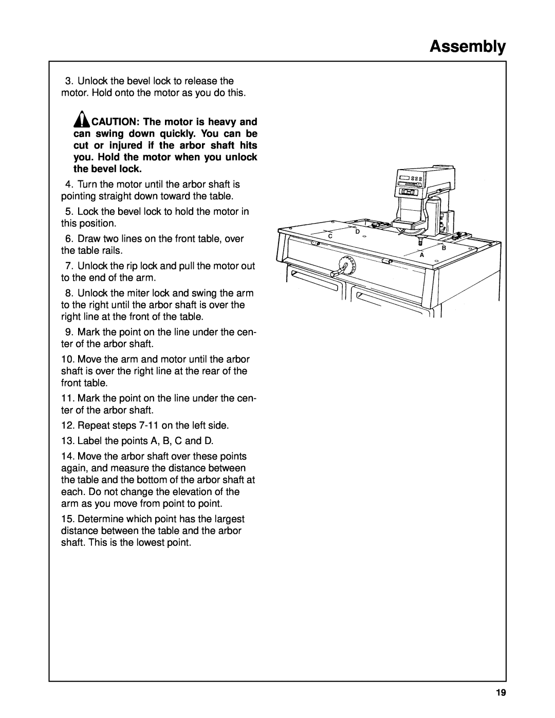 Craftsman 509398, 509399 owner manual Assembly, Lock the bevel lock to hold the motor in this position 