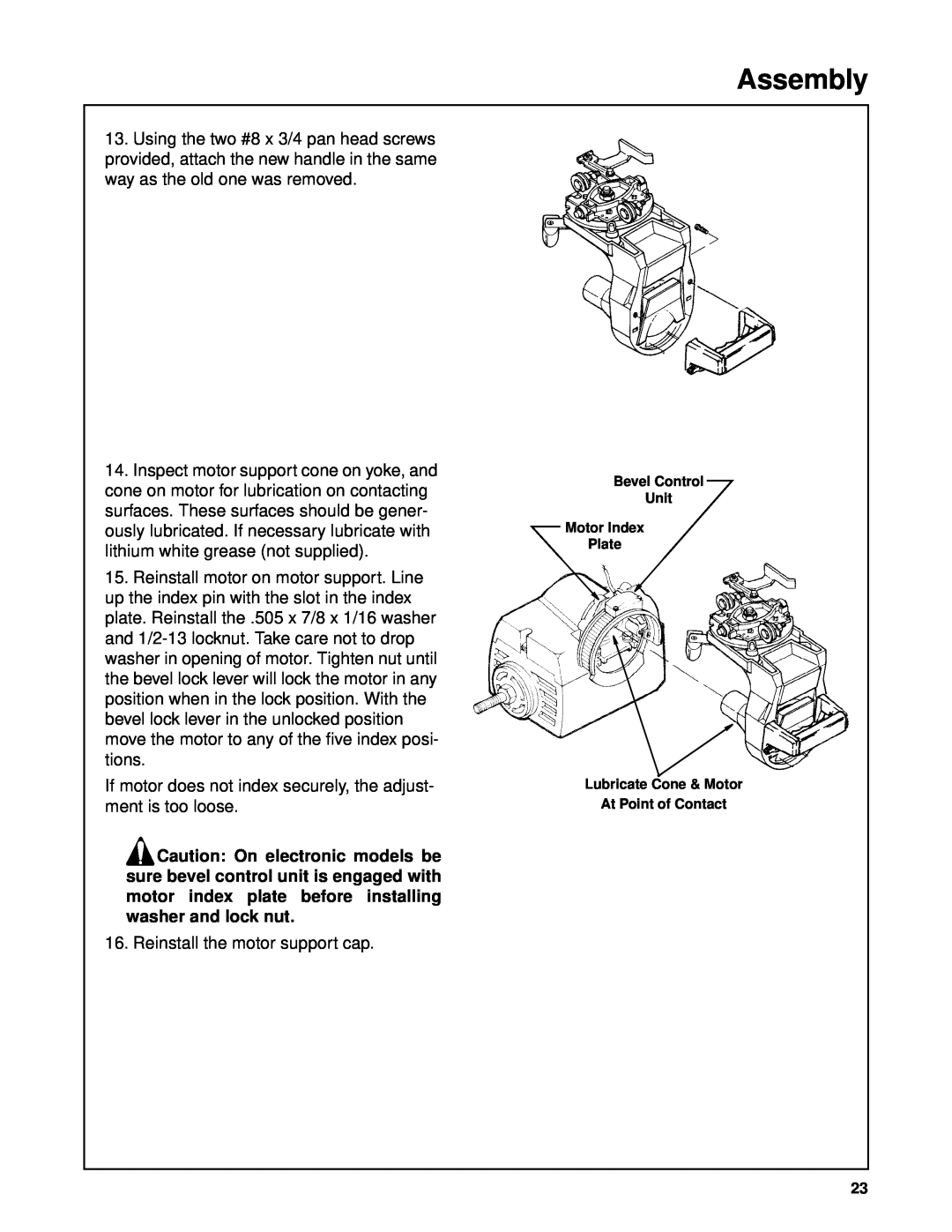 Craftsman 509398, 509399 owner manual Assembly, If motor does not index securely, the adjust- ment is too loose 