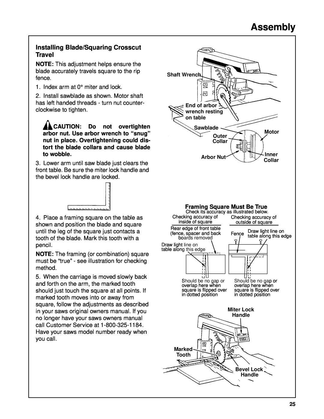 Craftsman 509398, 509399 owner manual Installing Blade/Squaring Crosscut Travel, Assembly, Framing Square Must Be True 