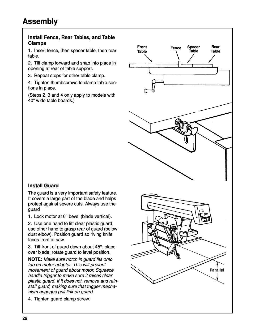 Craftsman 509399, 509398 owner manual Install Fence, Rear Tables, and Table Clamps, Install Guard, Assembly 