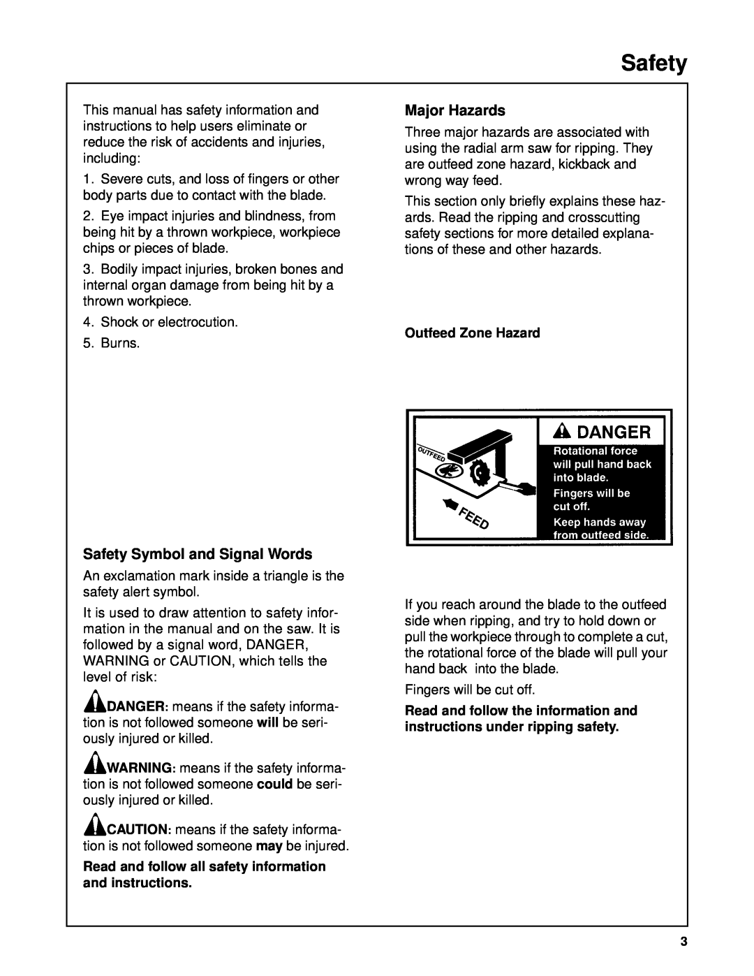 Craftsman 509398, 509399 owner manual Major Hazards, Safety Symbol and Signal Words, Outfeed Zone Hazard 