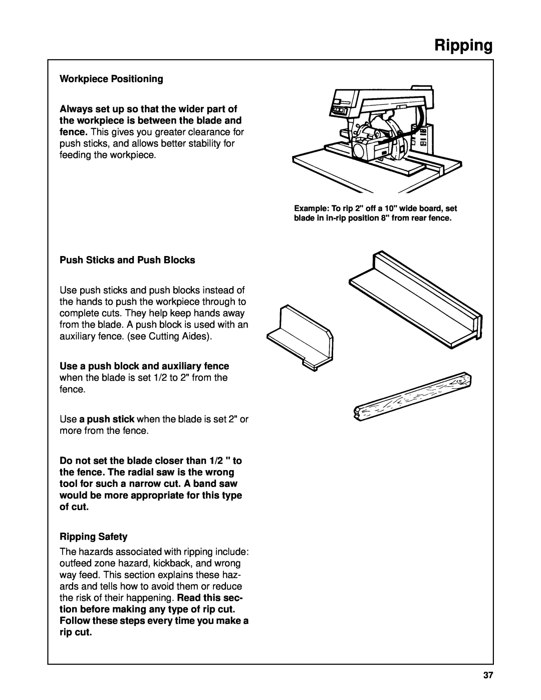 Craftsman 509398, 509399 owner manual Workpiece Positioning, Push Sticks and Push Blocks, Ripping Safety 