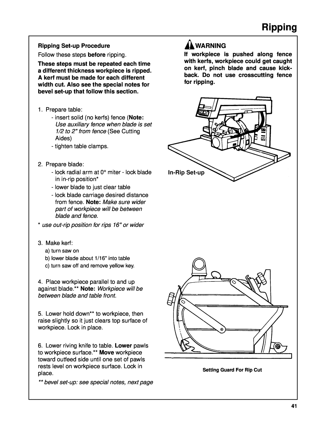 Craftsman 509398, 509399 owner manual Ripping Set-up Procedure, use out-rip position for rips 16 or wider, In-Rip Set-up 