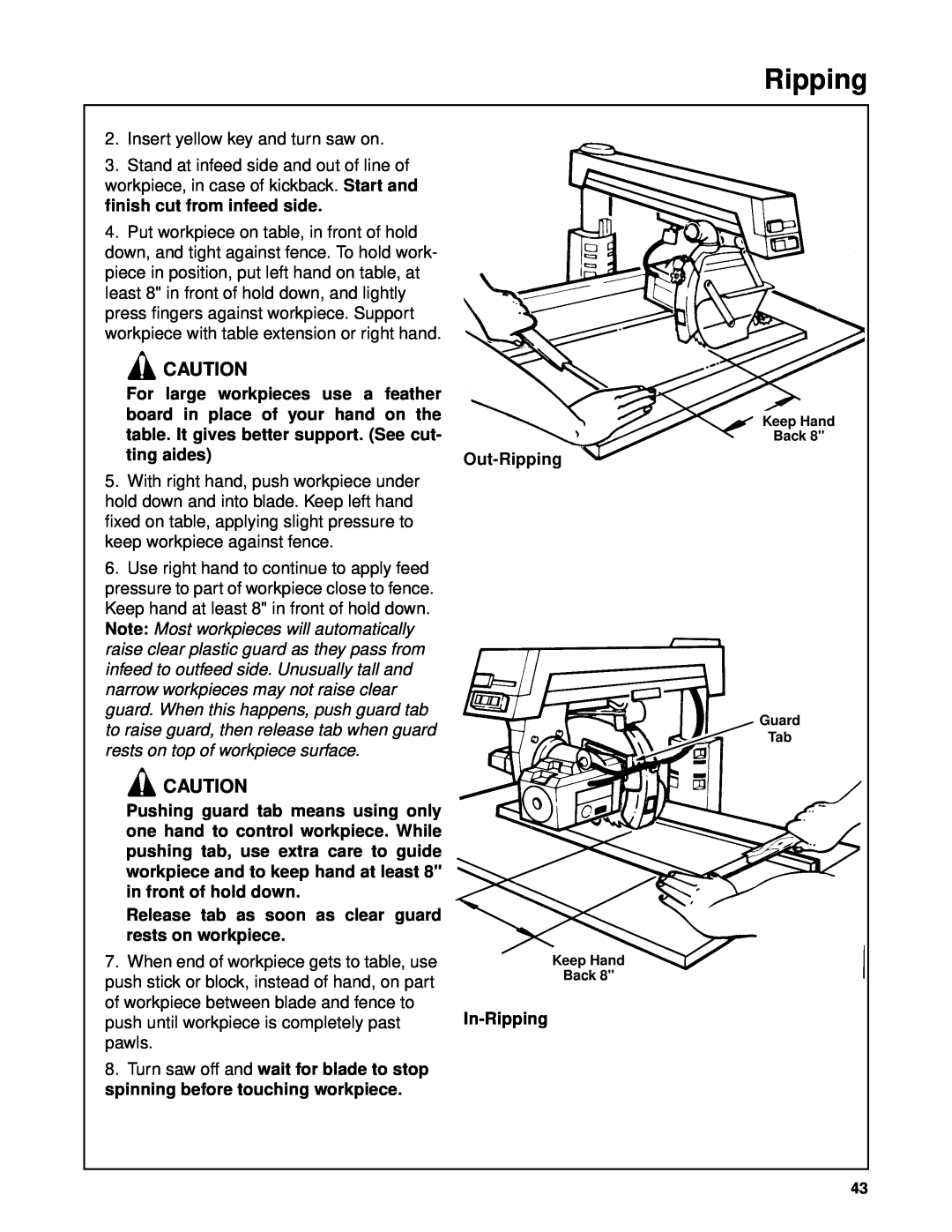 Craftsman 509398, 509399 owner manual Release tab as soon as clear guard rests on workpiece, Out-Ripping, In-Ripping 