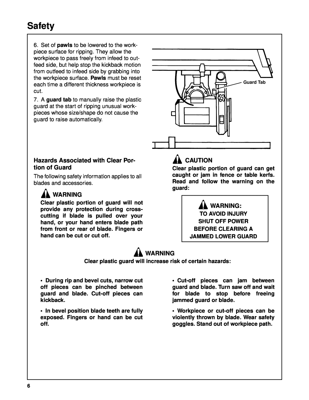 Craftsman 509399, 509398 owner manual Hazards Associated with Clear Por- tion of Guard, Safety 