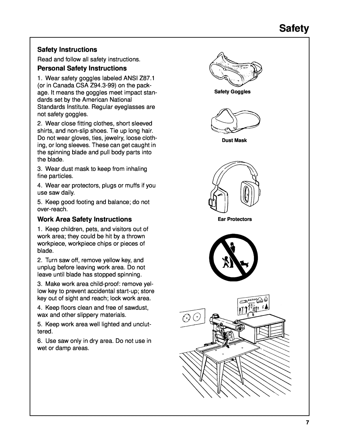 Craftsman 509398, 509399 owner manual Personal Safety Instructions, Work Area Safety Instructions 