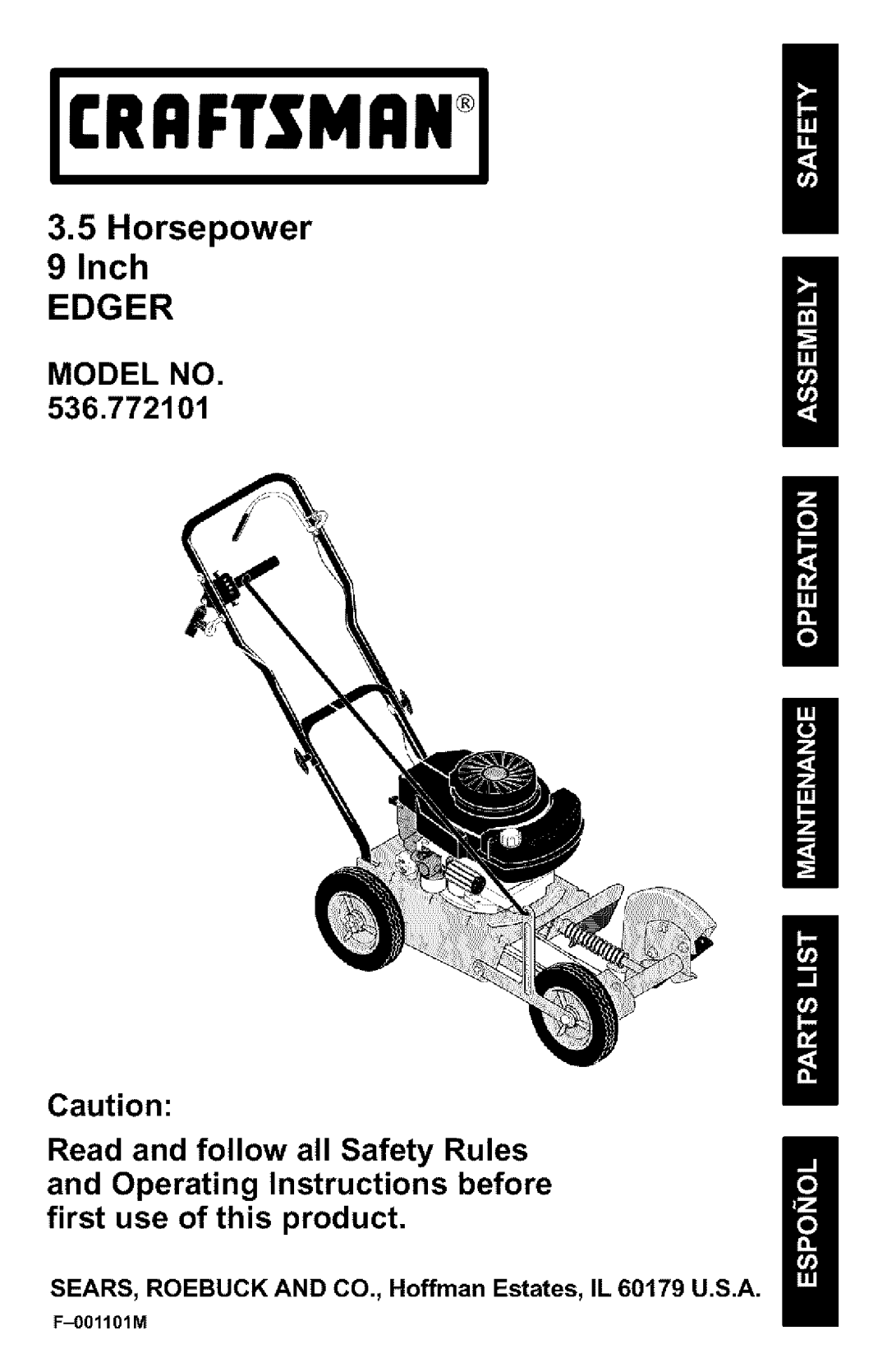 Craftsman 536.772101 manual Edger, F01101M 