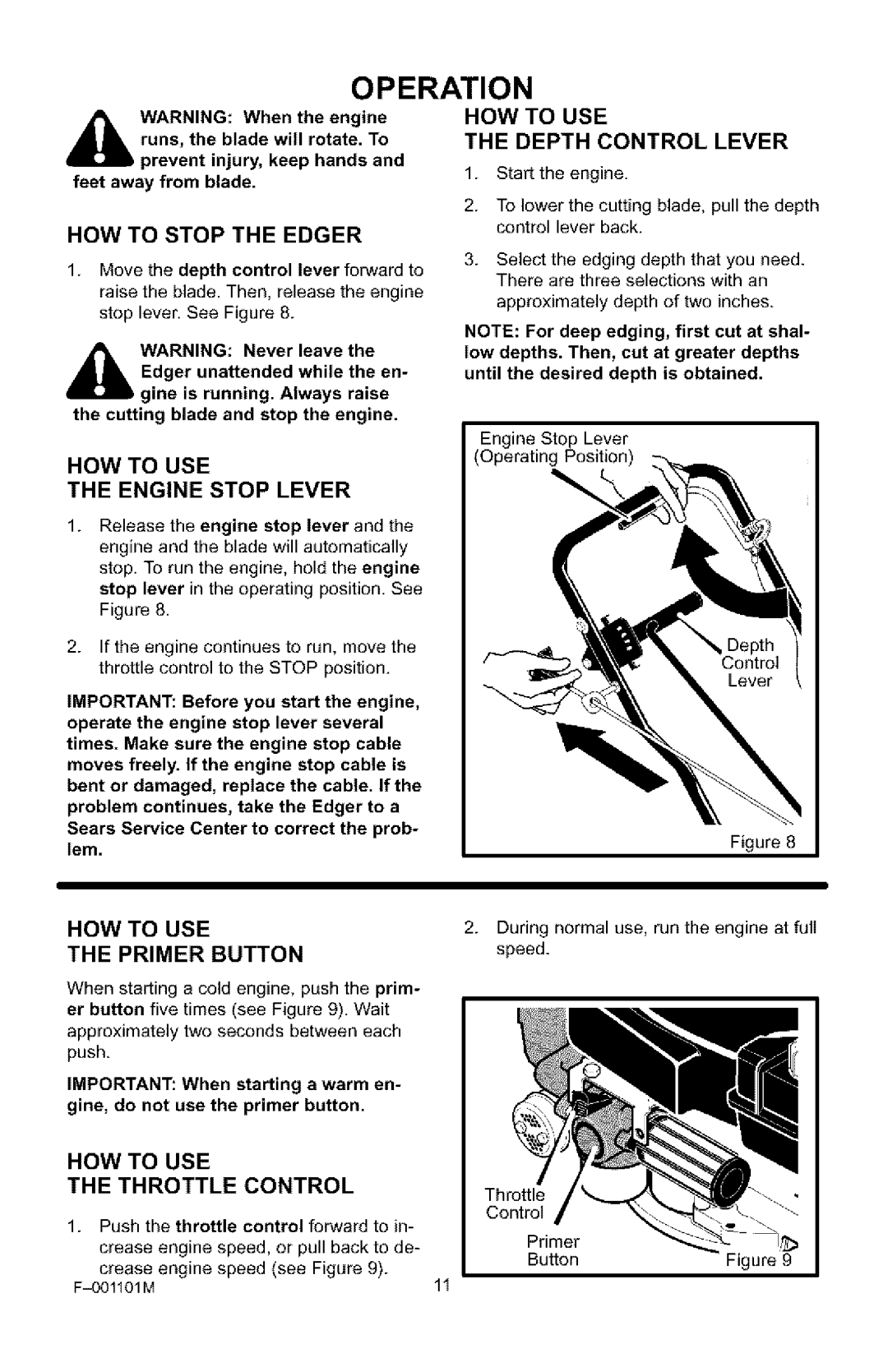 Craftsman 536.772101 manual HOW to Stop the Edger, HOW to USE Engine Stop Lever, HOW to USE Primer Button 