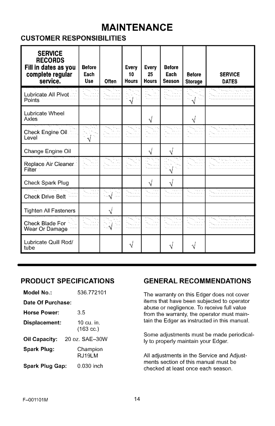 Craftsman 536.772101 manual Maintenance, Customer Responsibilities Service Records, Product Specifications 