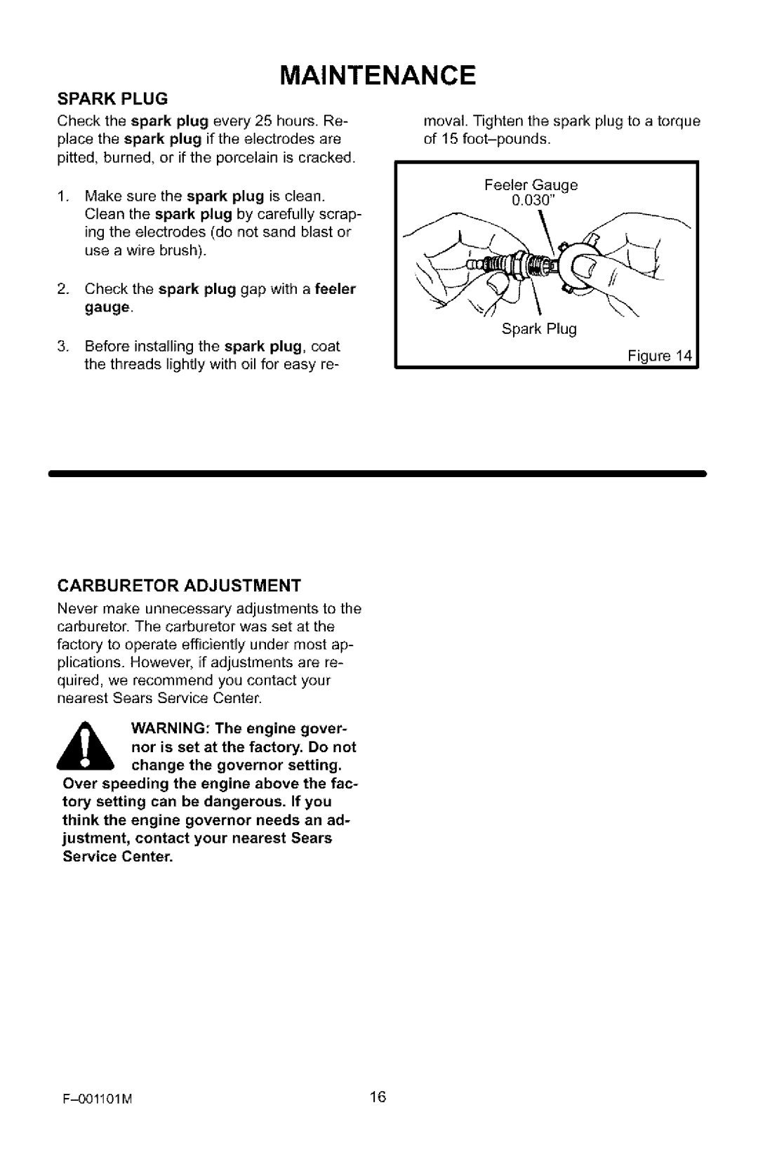 Craftsman 536.772101 manual Carburetor Adjustment, Spark Plug 