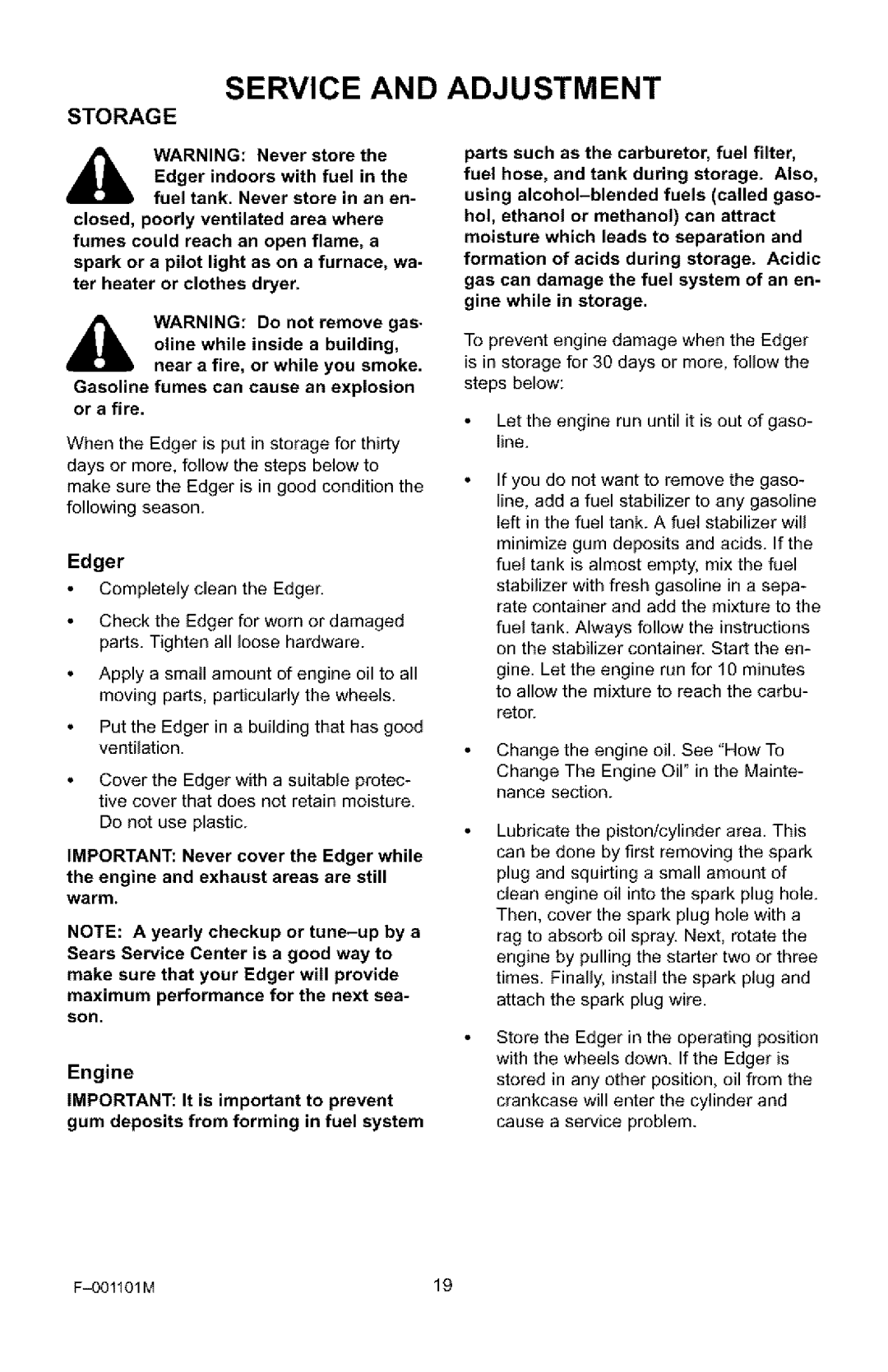 Craftsman 536.772101 manual Service, Adjustment, Storage, Edger 