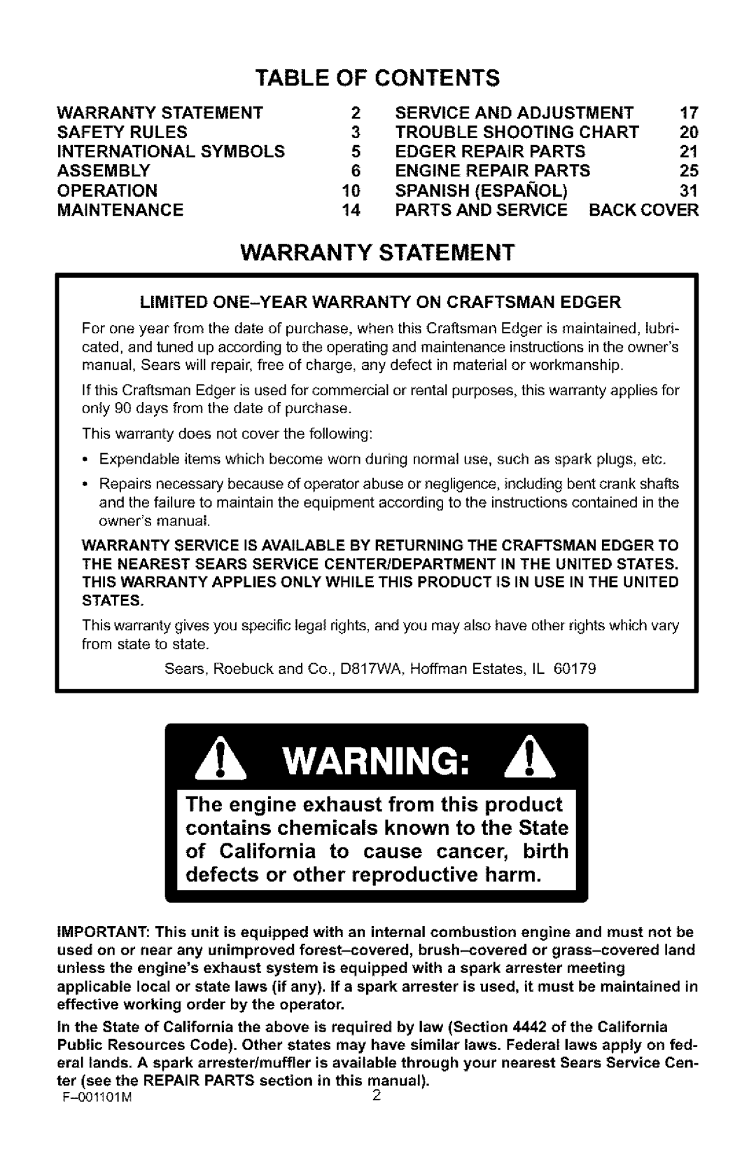 Craftsman 536.772101 manual Contents 