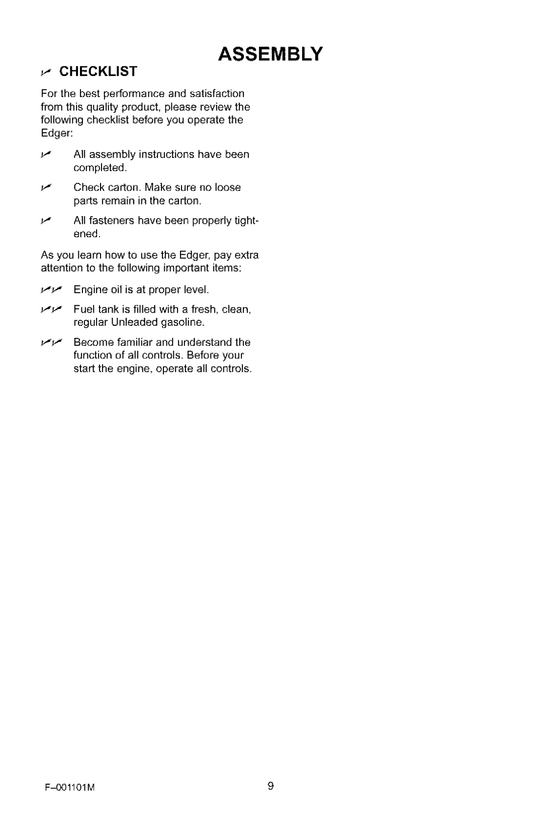 Craftsman 536.772101 manual Checklist 