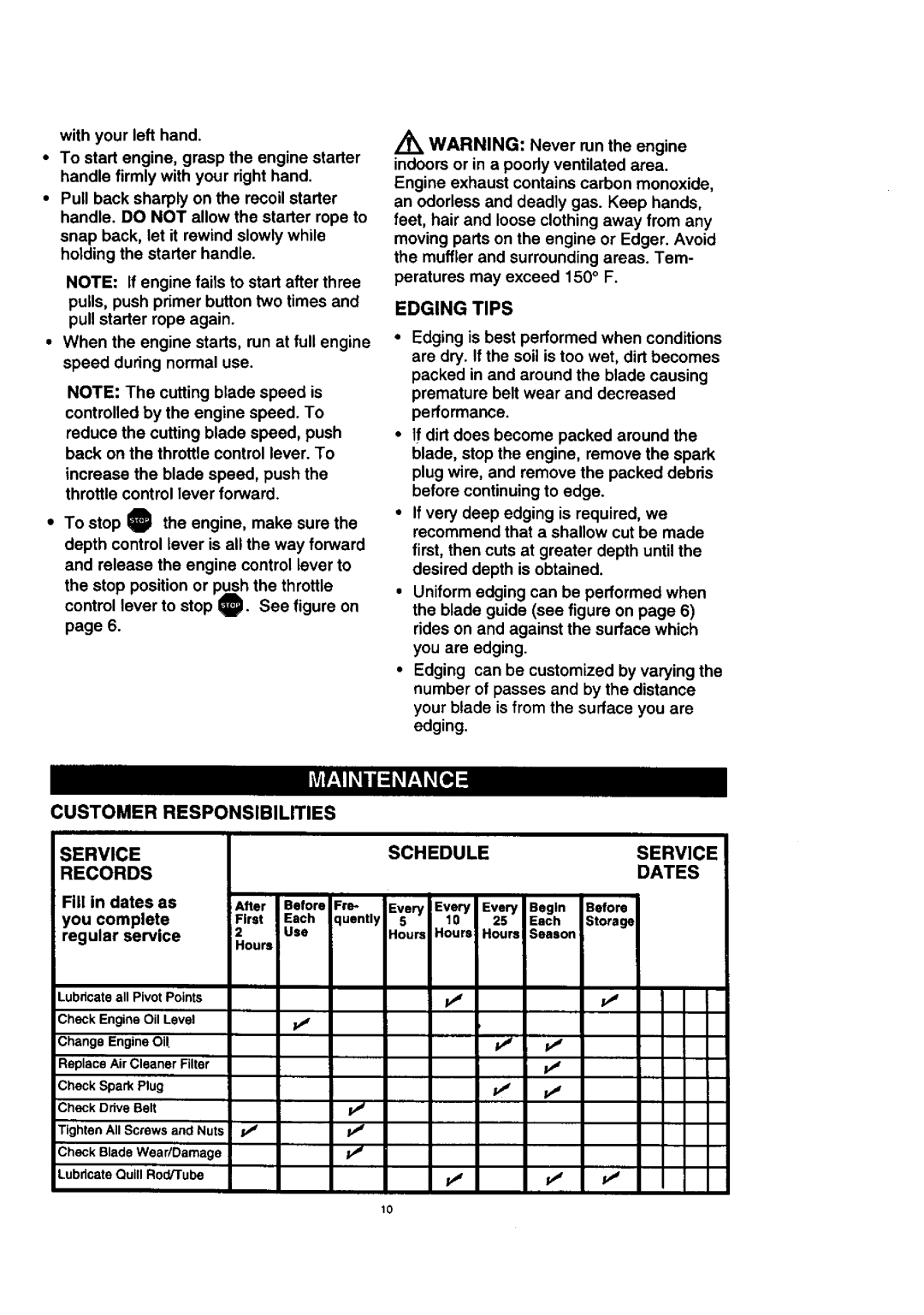 Craftsman 536.7722 manual Edging Tips, Customer Responsibilities Service Schedule Records Dates 