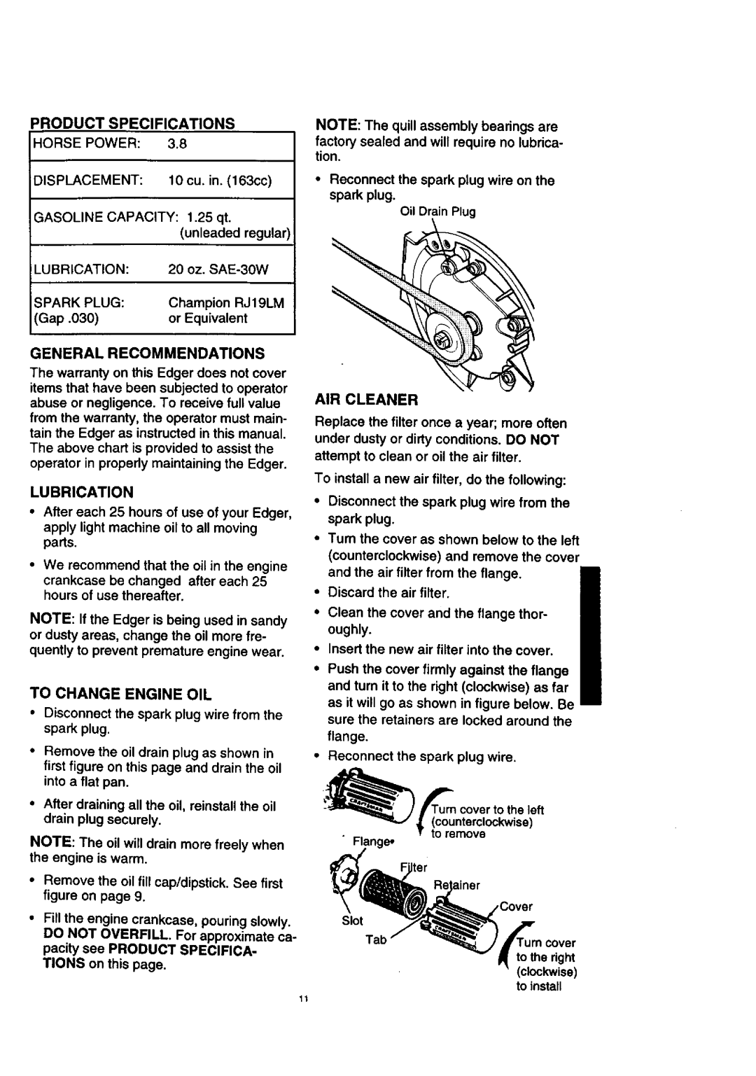 Craftsman 536.7722 manual Lubrication, To Change Engine OIL, AIR Cleaner 