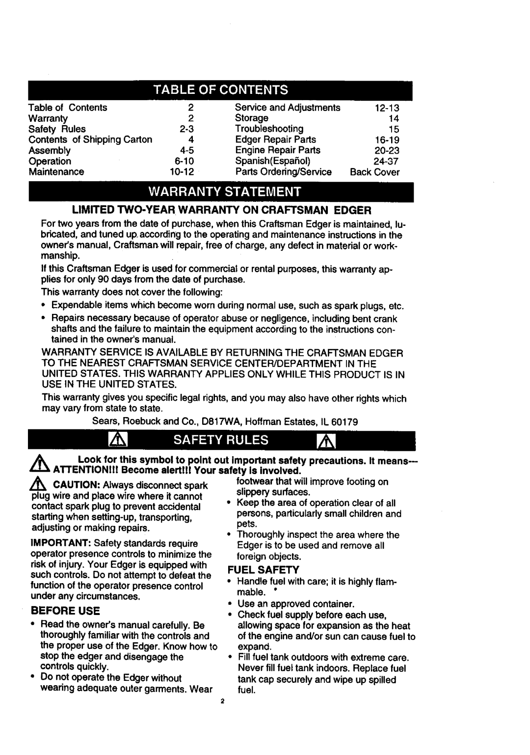 Craftsman 536.7722 manual Limited TWO-YEAR Warranty on Craftsman Edger, Fuel Safety, Before USE 