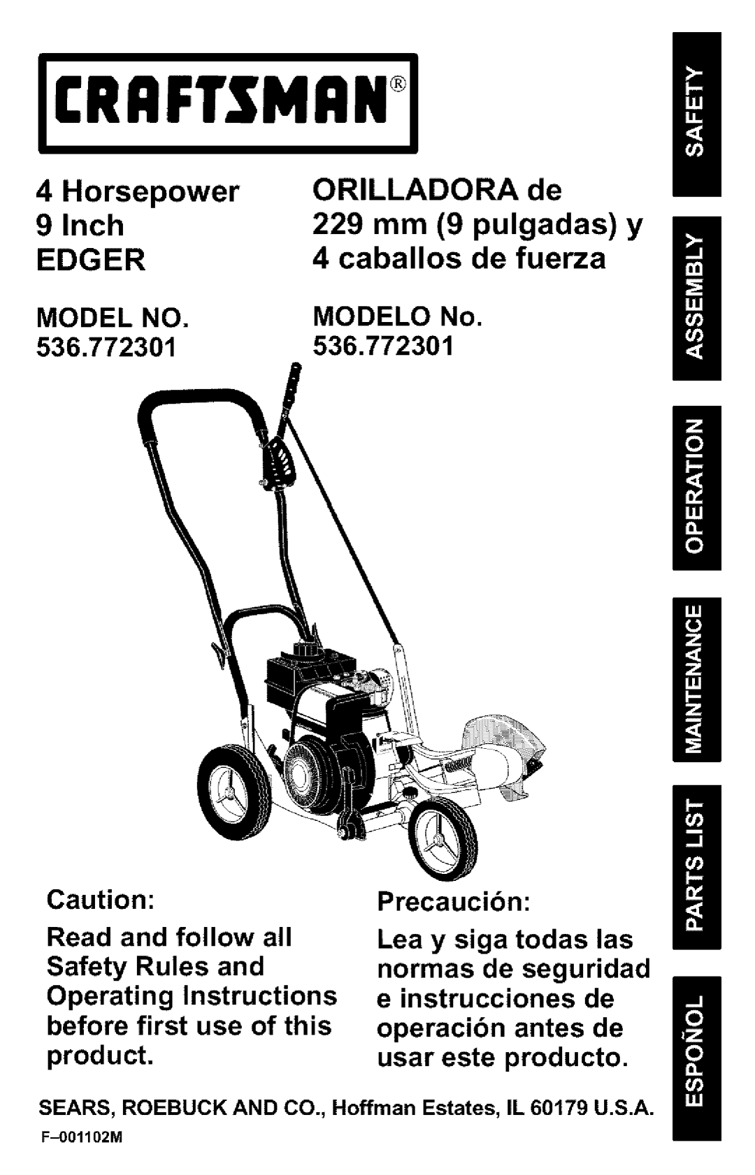 Craftsman 536.772301 manual Model no, F01102M 