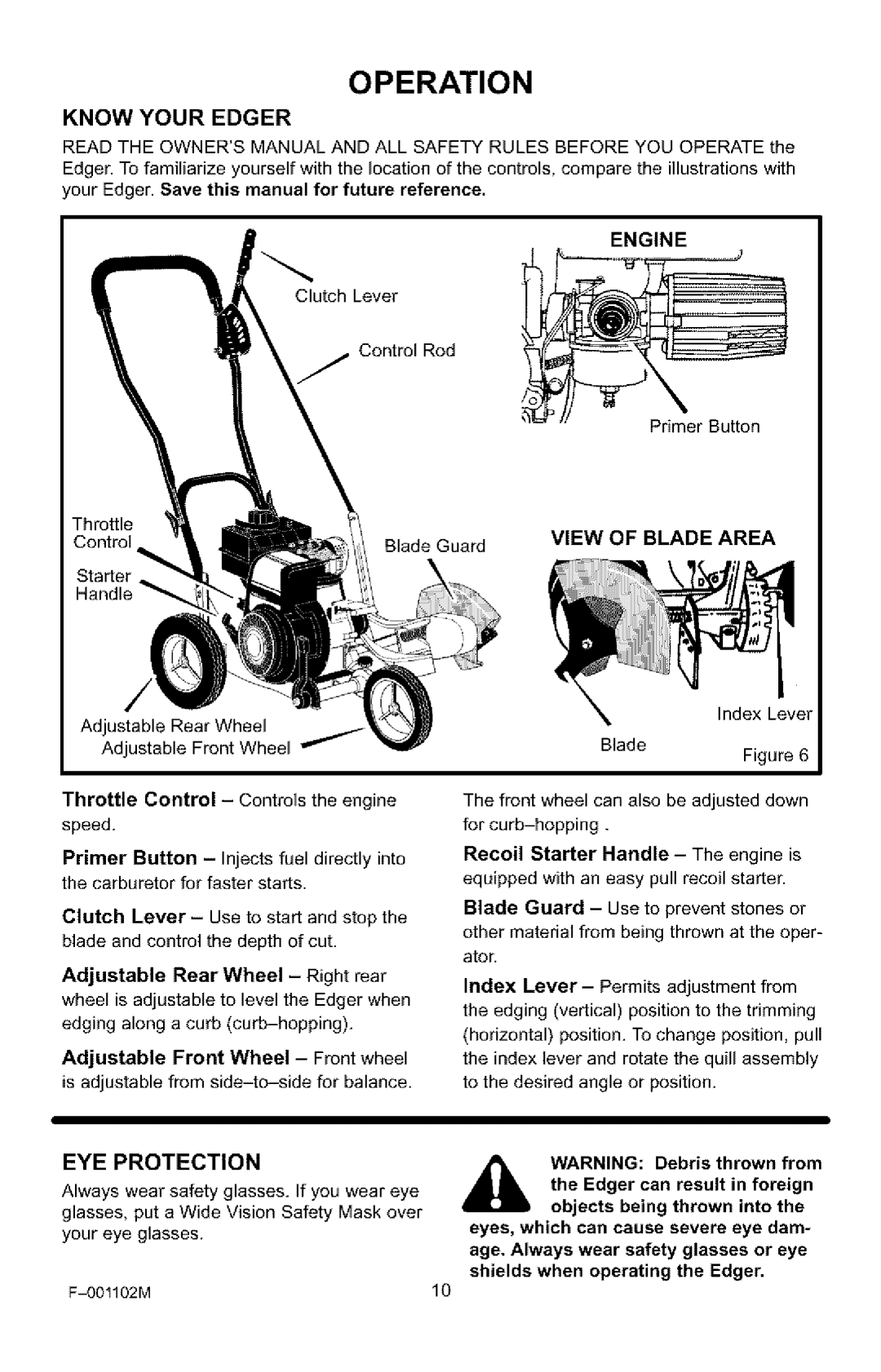 Craftsman 536.772301 manual Operation, Know Your Edger, EYE Protection, Engine, View of Blade Area 