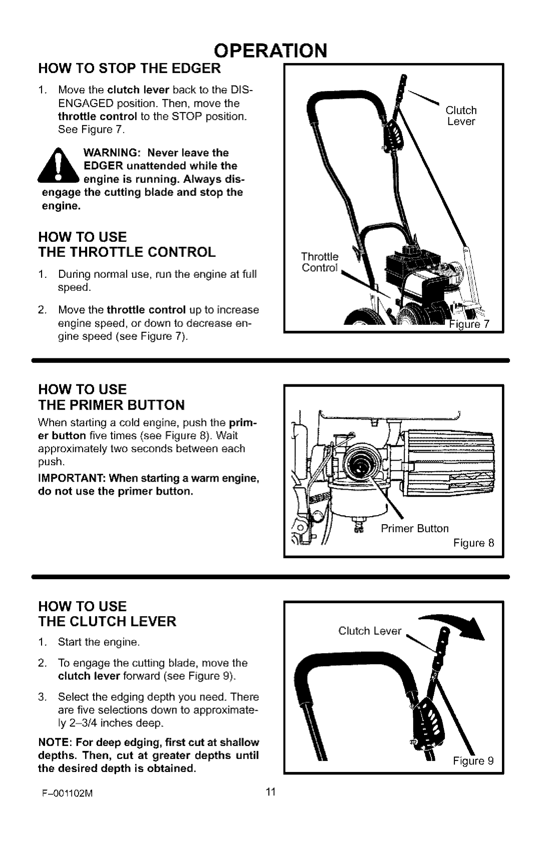 Craftsman 536.772301 manual HOW to Stop the Edger, HOW to USE Throttle Control, Primer Button, Desired depth is obtained 