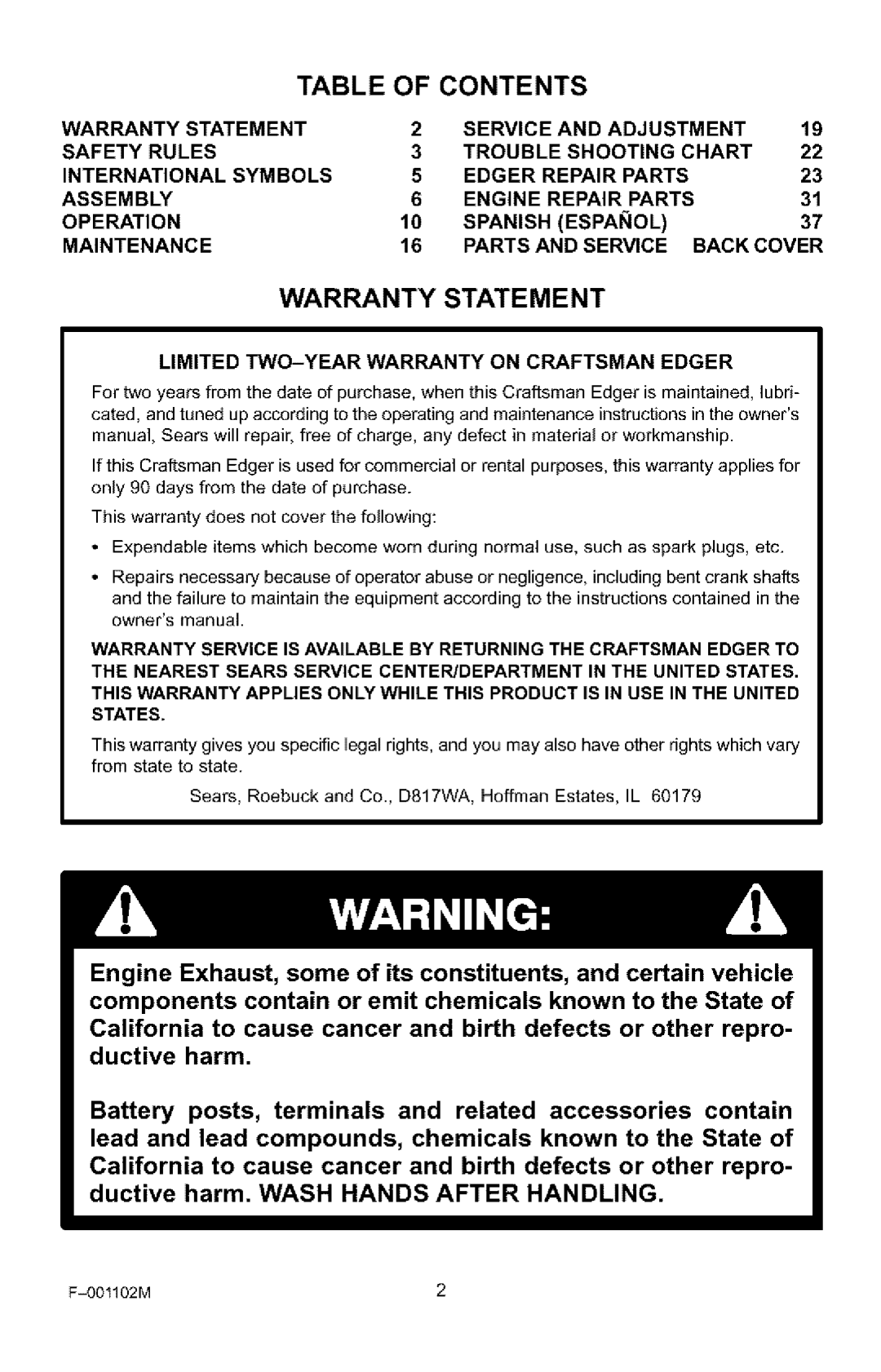 Craftsman 536.772301 manual Contents 