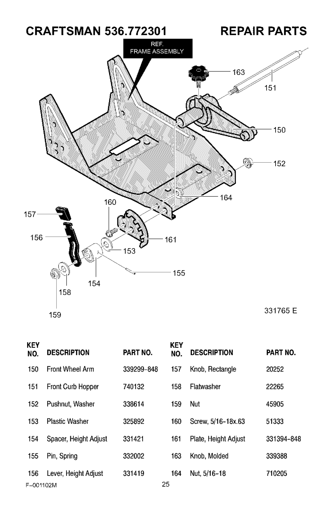 Craftsman 536.772301 FrontWheelArm 339299-848, Knob,Rectangle, FrontCurbHopper 740132, Flatwasher 22265, 45905, 331421 