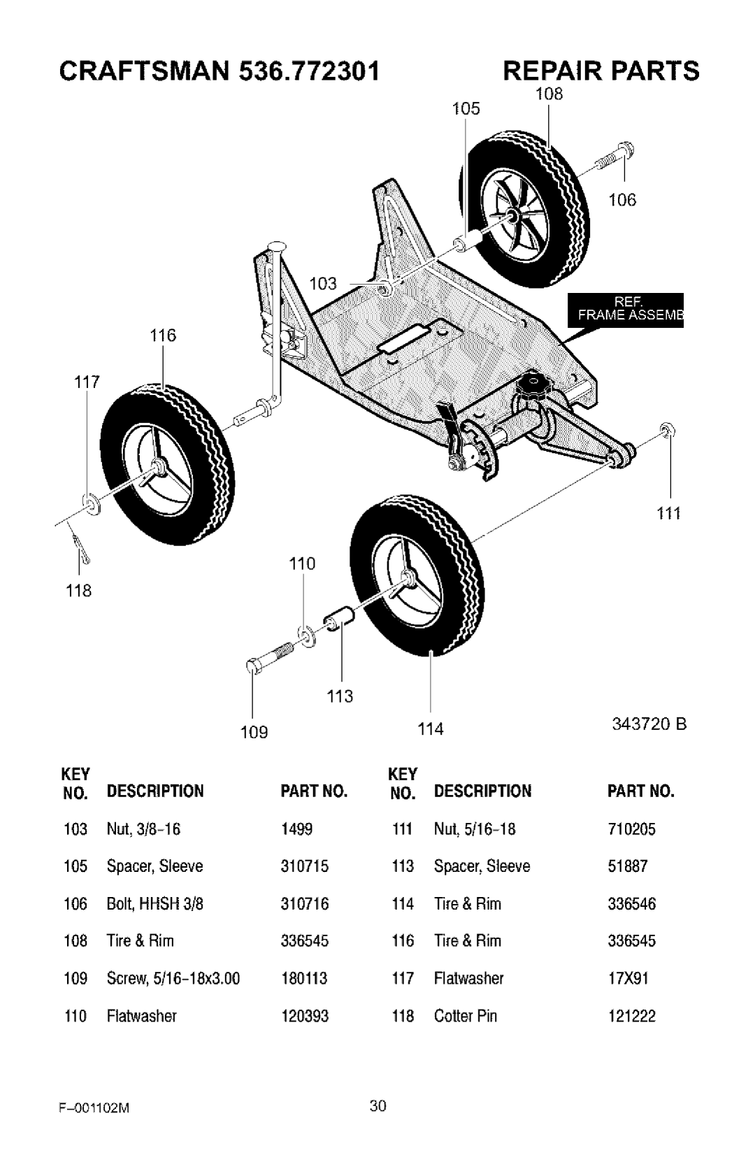 Craftsman 536.772301 manual Spacer,Sleeve 310715, 51887, 310716, Tire& Rim 336546 