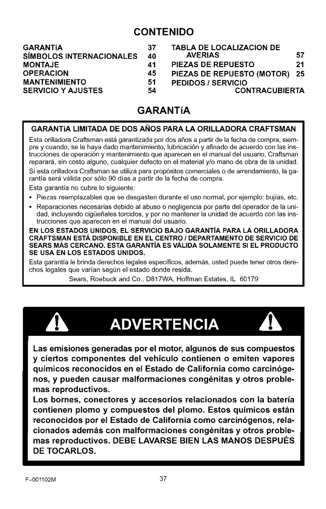 Craftsman 536.772301 manual GARANTiA, Tabla DE Localizacion DE, SiMBOLOS 