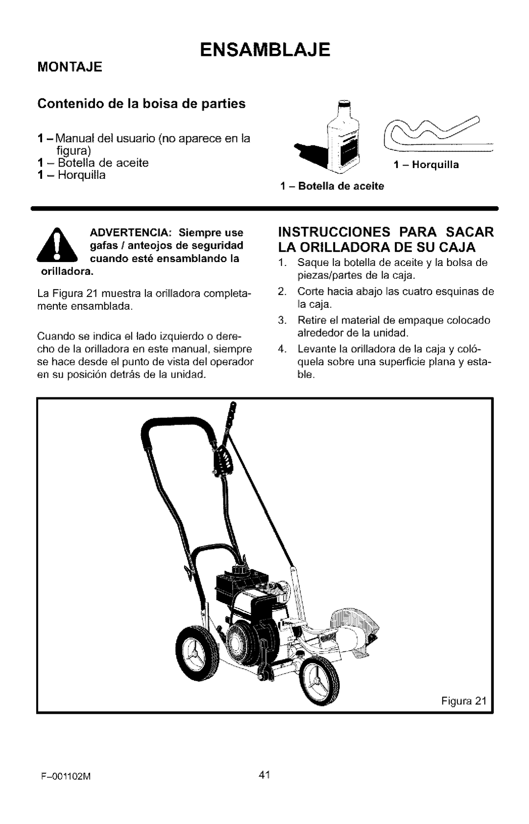 Craftsman 536.772301 Ensamblaje, Montaje, Instrucciones Para Sacar LA Orilladora DE SU Caja, Horquilla Botella de aceite 