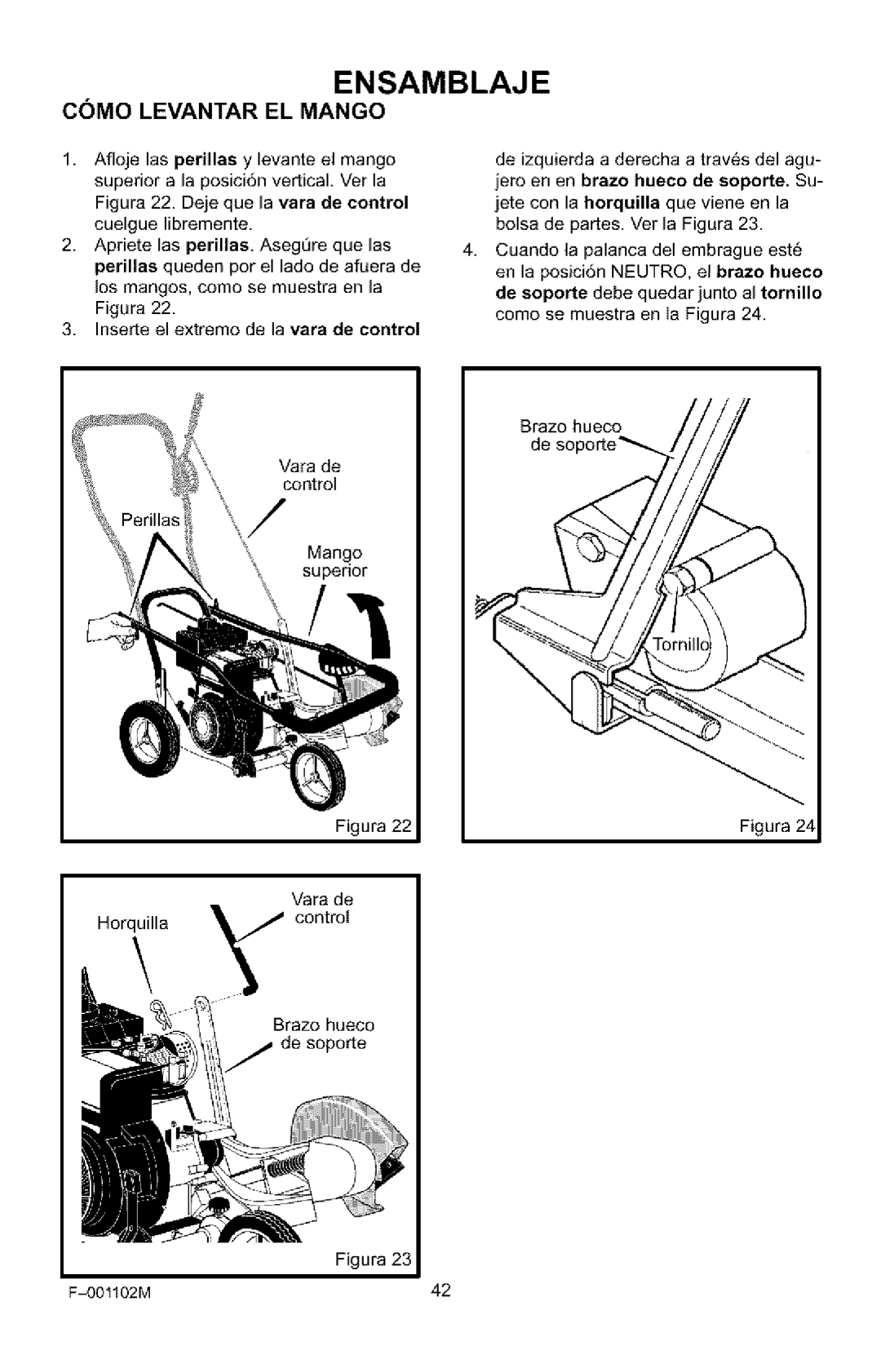 Craftsman 536.772301 manual Como Levantar EL Mango, Figura OOllO2M42 