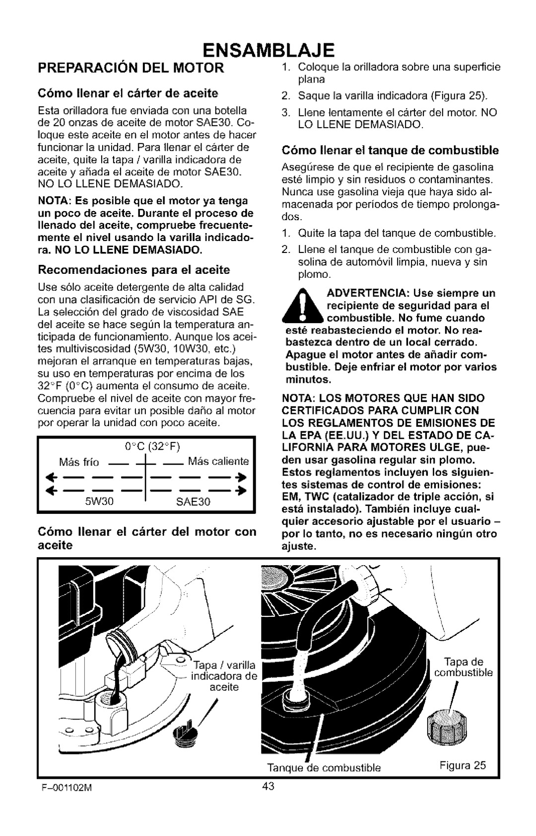 Craftsman 536.772301 manual Preparacion DEL Motor, Cbmo Ilenar el cbrter de aceite, C6mo Ilenar el c&rter del motor con 