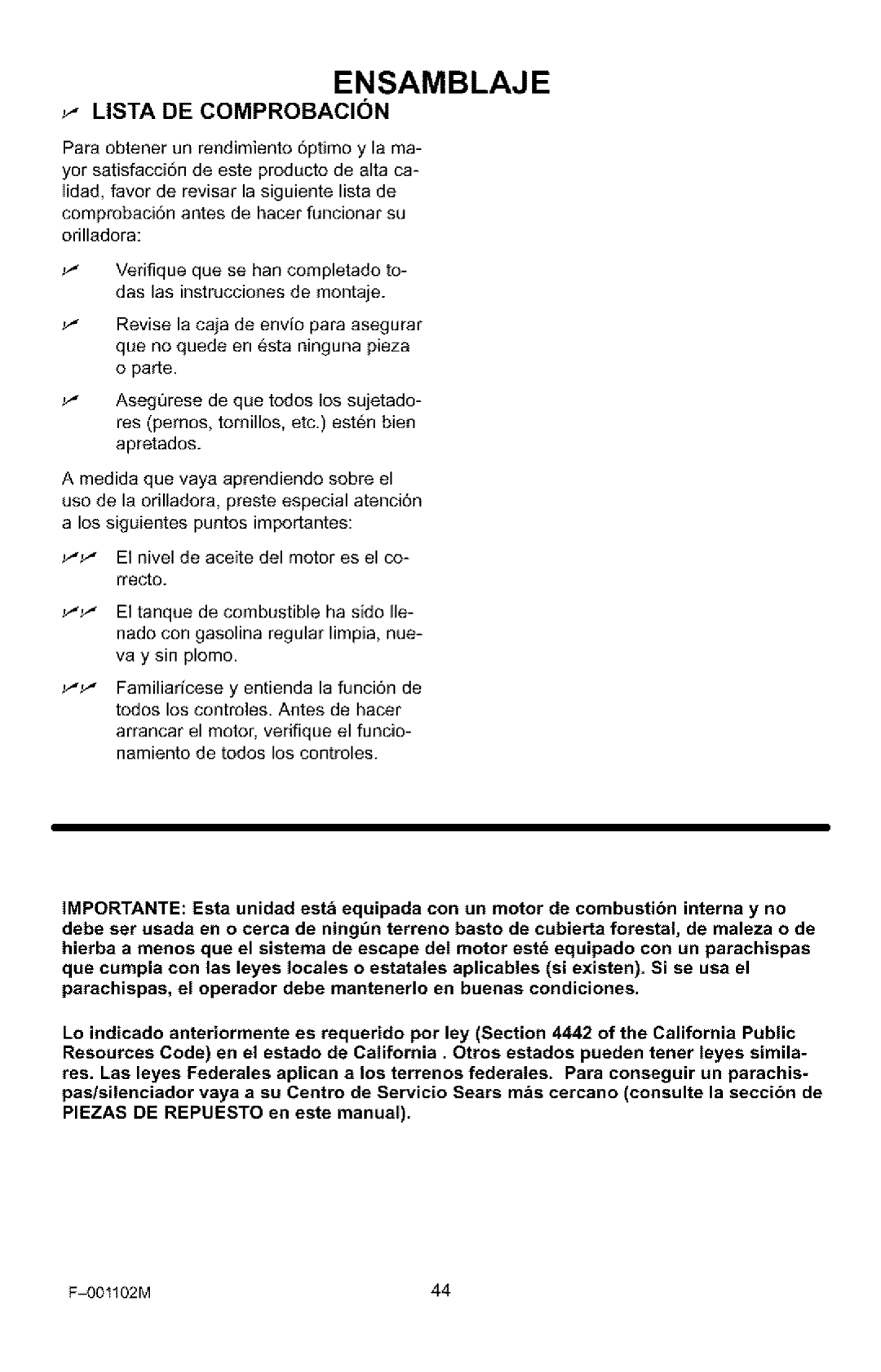 Craftsman 536.772301 manual Lista DE Comprobacion 