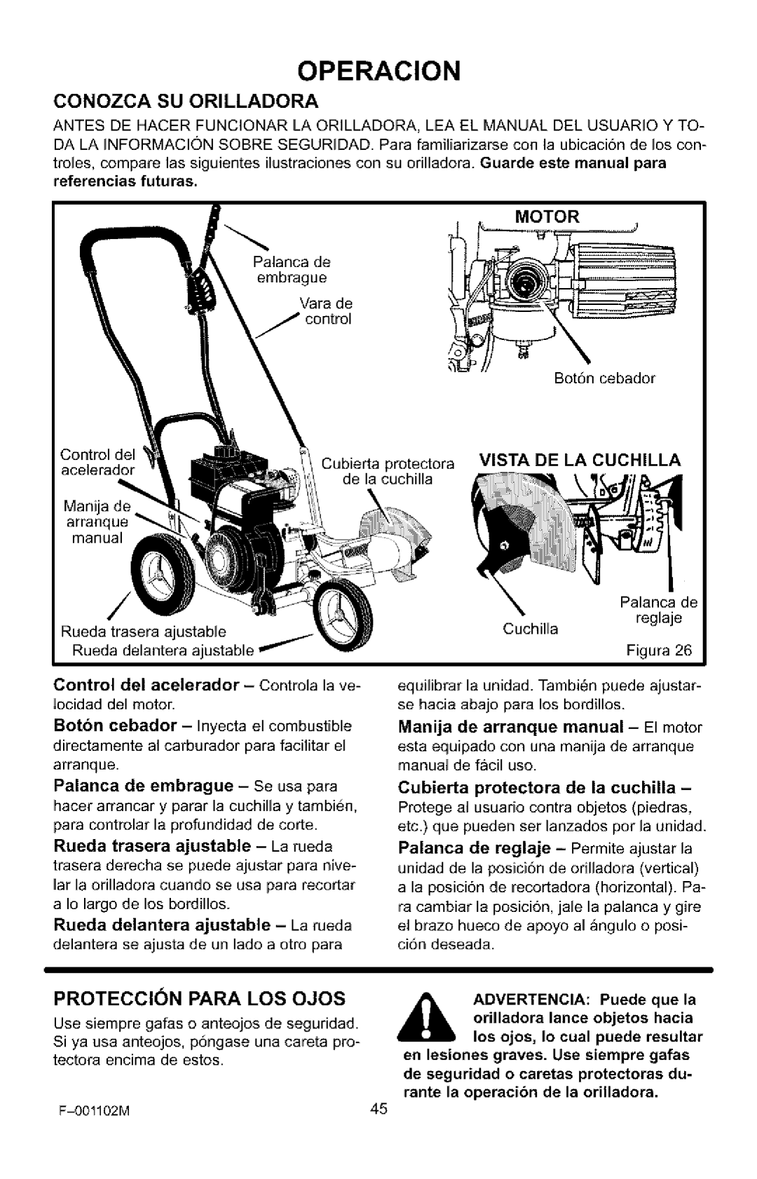 Craftsman 536.772301 manual Conozca SU Orilladora, Proteccion Para LOS Ojos, Motor, Vista DE LA Cuchilla 